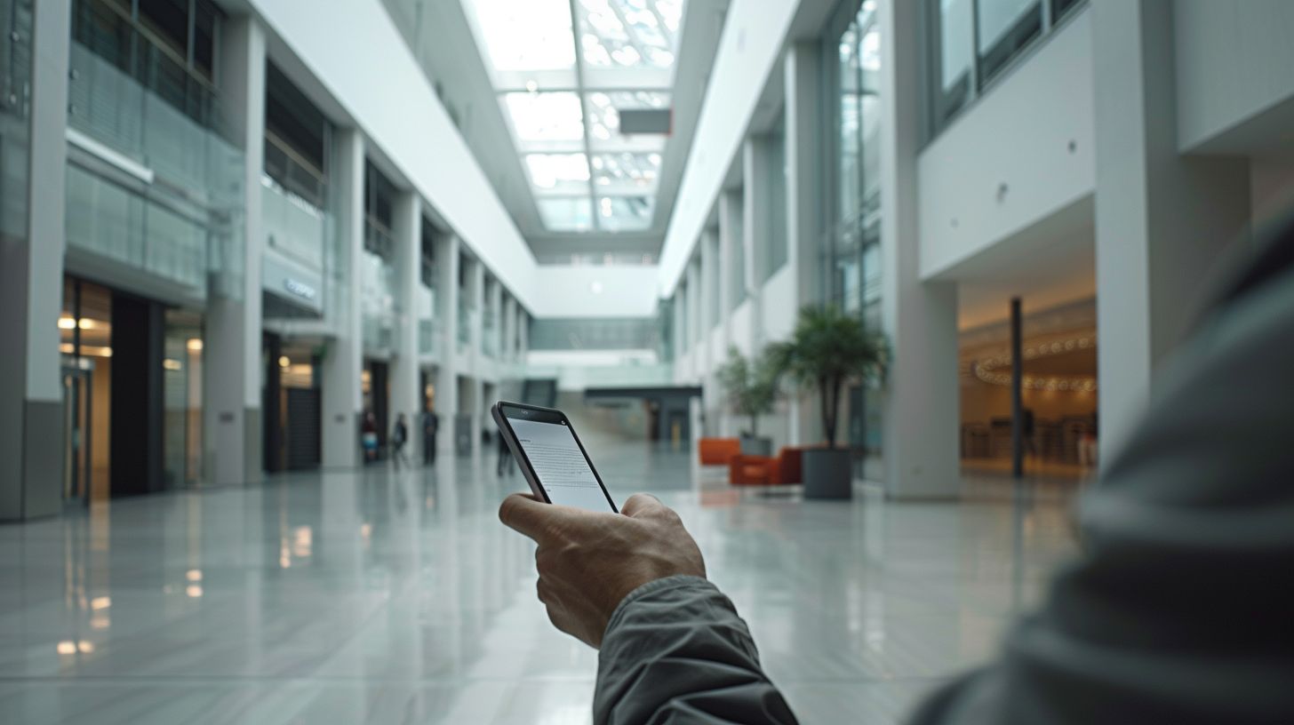 A person using a mobile device in a modern office setting. A person using a mobile device in a modern office setting.