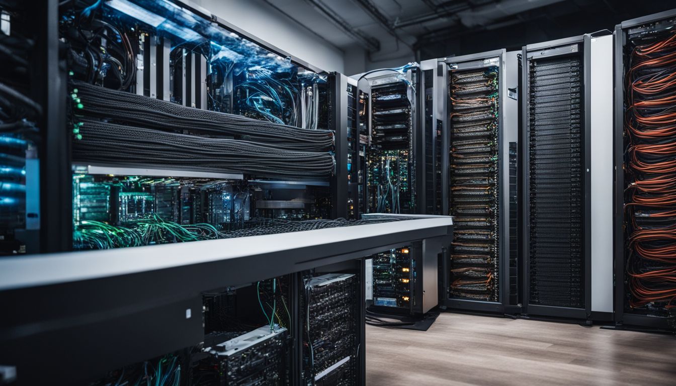 A well-organized and modern server room with neatly arranged cables. A well-organized and modern server room with neatly arranged cables.