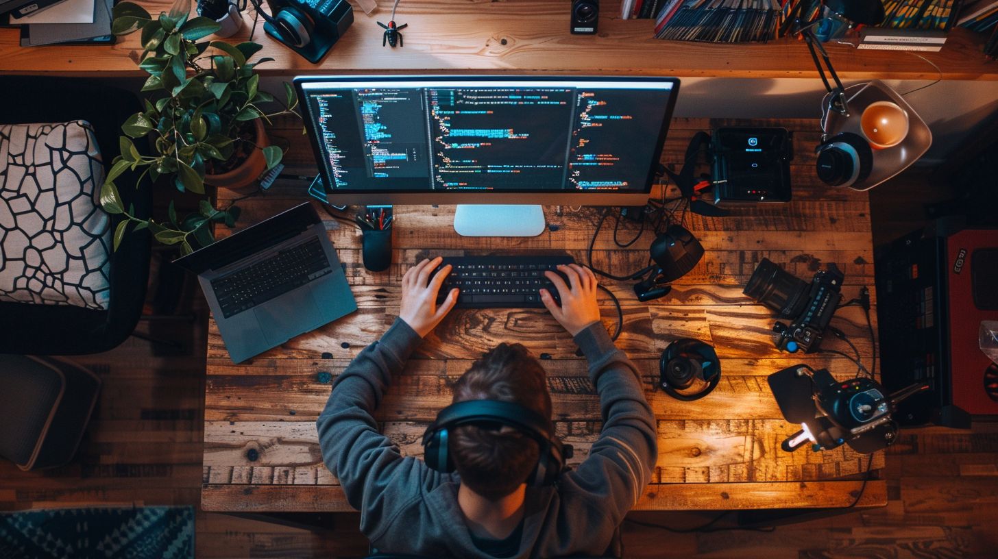 A developer working on code using ONSEN UI and Flutter frameworks. A developer working on code using ONSEN UI and Flutter frameworks.