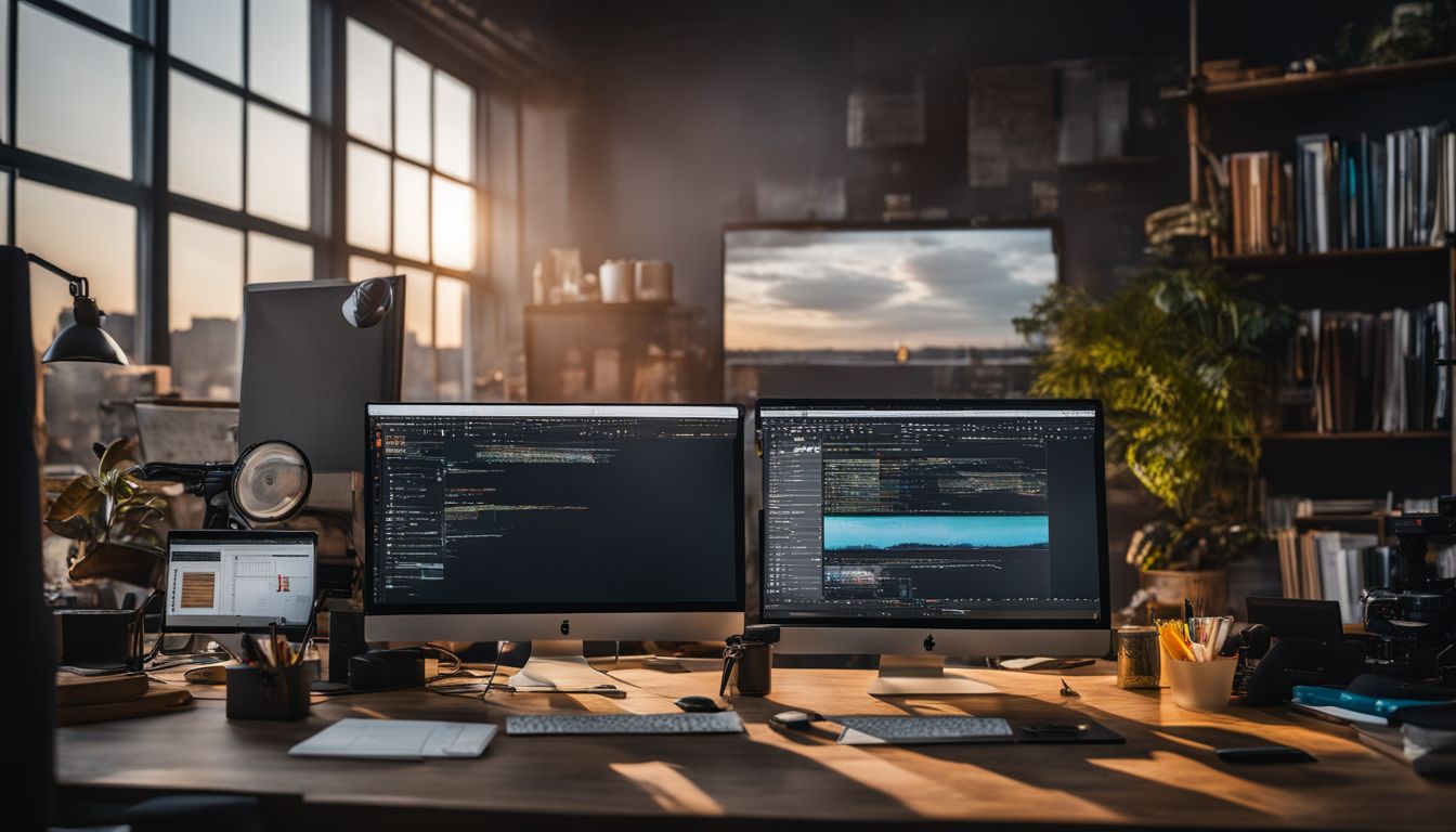 A organized workspace with computer screen showing diverse photography and code.
