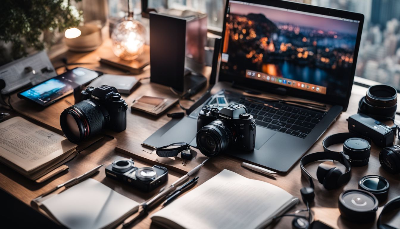 A diverse collection of tech gadgets and people in a bustling city. A diverse collection of tech gadgets and people in a bustling city.