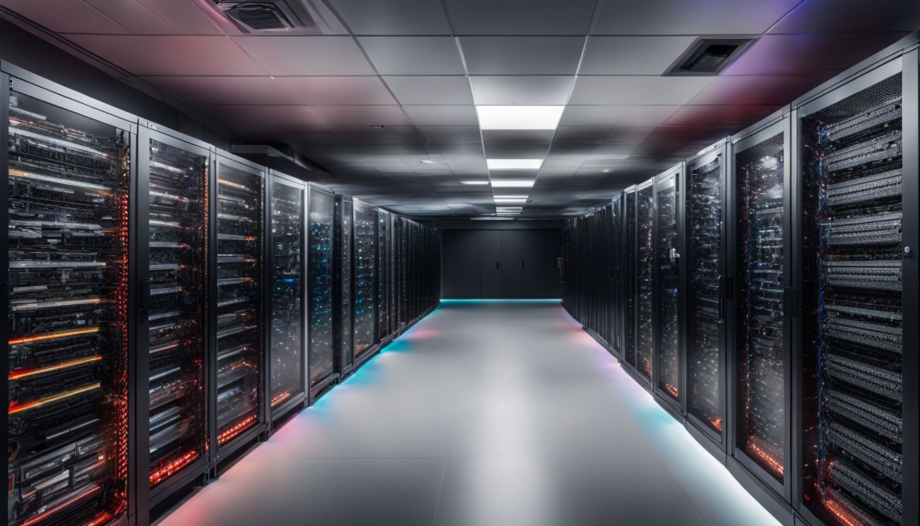 A powerful server room with rows of racks and cooling systems.