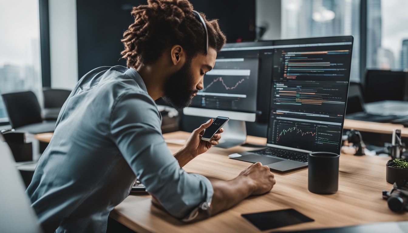 A person comparing mobile app development frameworks on a modern office desk. A person comparing mobile app development frameworks on a modern office desk.
