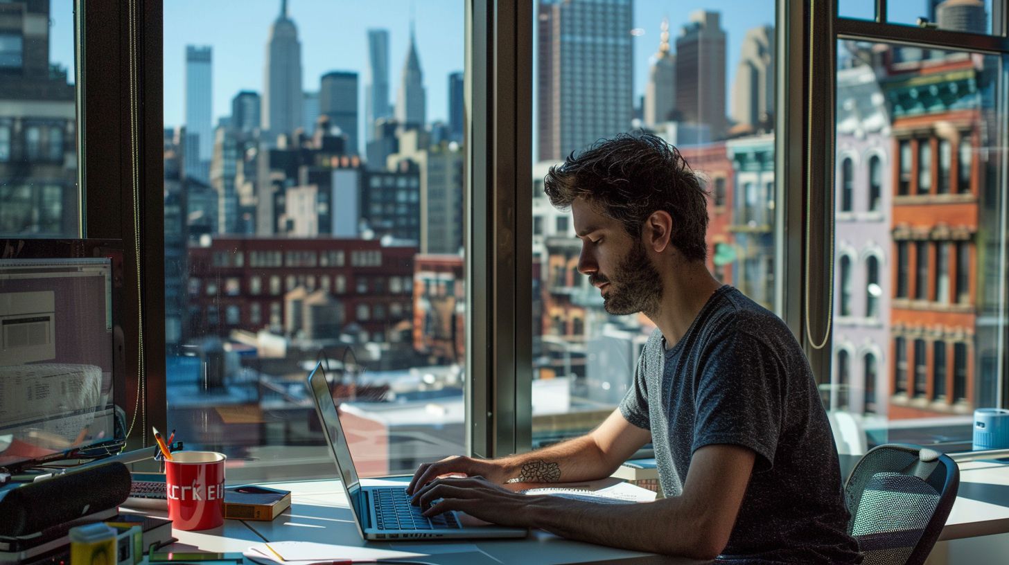 An AngularJS developer coding in a modern office with cityscape backdrop. An AngularJS developer coding in a modern office with cityscape backdrop.