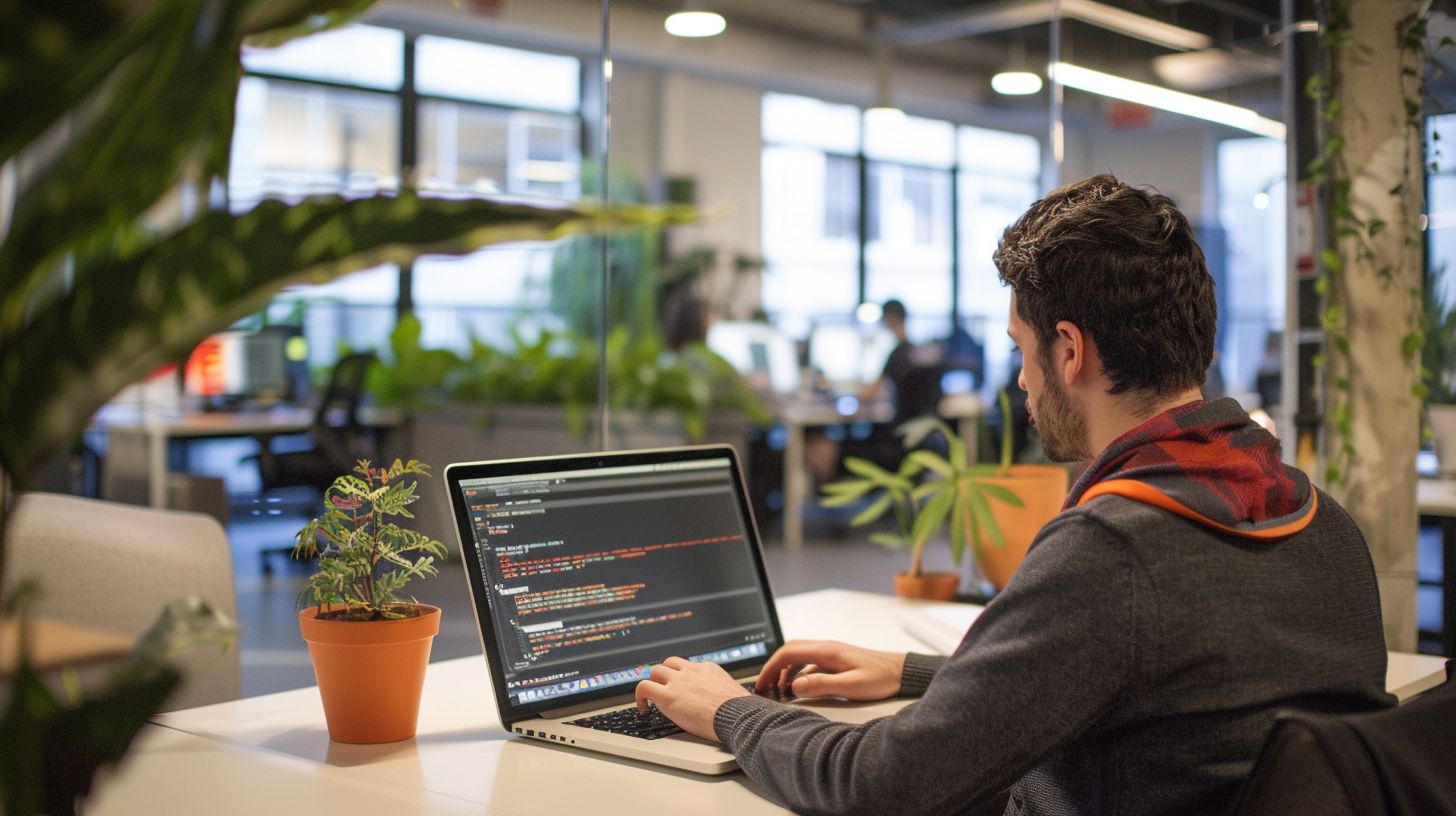 An AngularJS developer coding in a modern office with cityscape backdrop. An AngularJS developer coding in a modern office with cityscape backdrop.