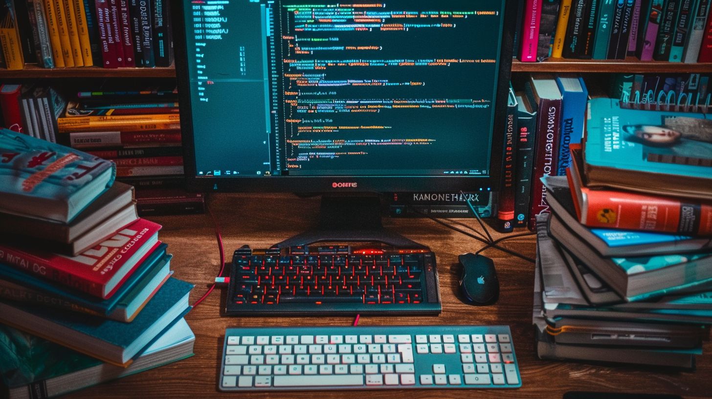 A computer setup with coding books and wide-angle lens capture.