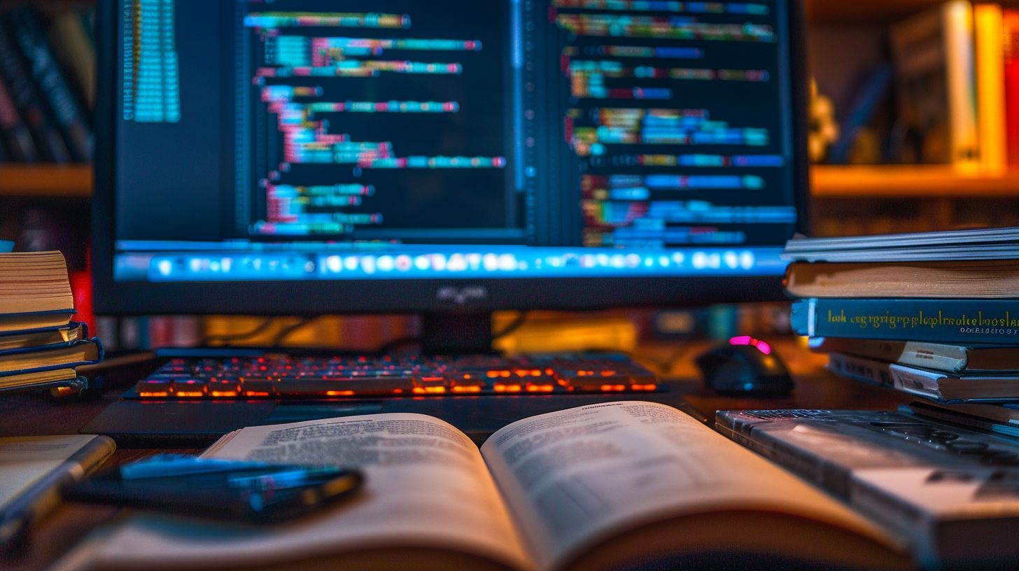 A computer setup with coding books and wide-angle lens capture. A computer setup with coding books and wide-angle lens capture.