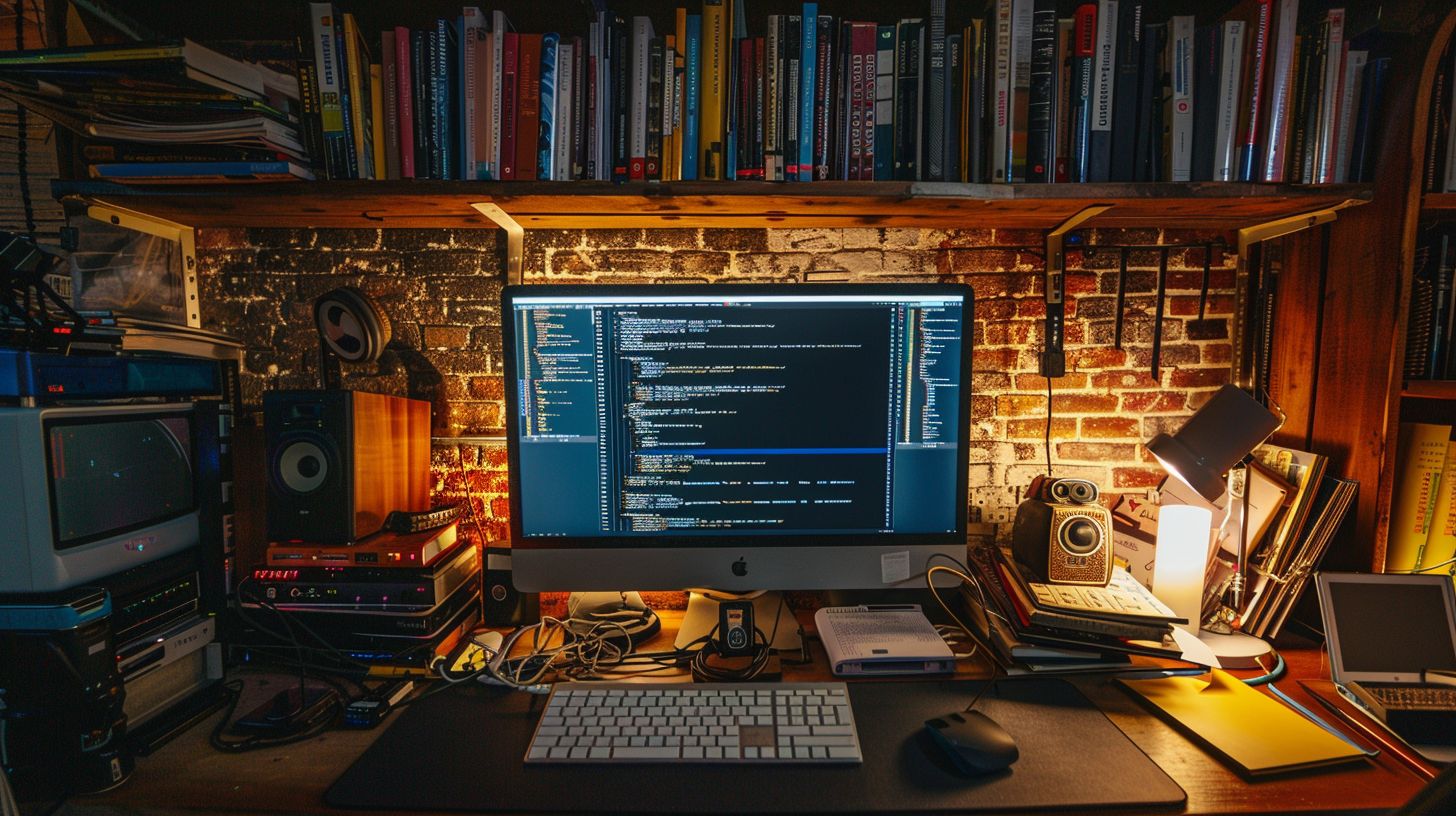 A computer setup with coding books and wide-angle lens capture. A computer setup with coding books and wide-angle lens capture.