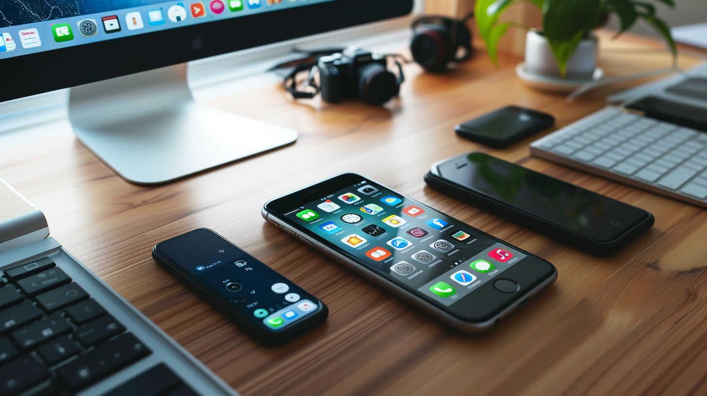A mobile phone surrounded by app icons on a modern desk. A mobile phone surrounded by app icons on a modern desk.