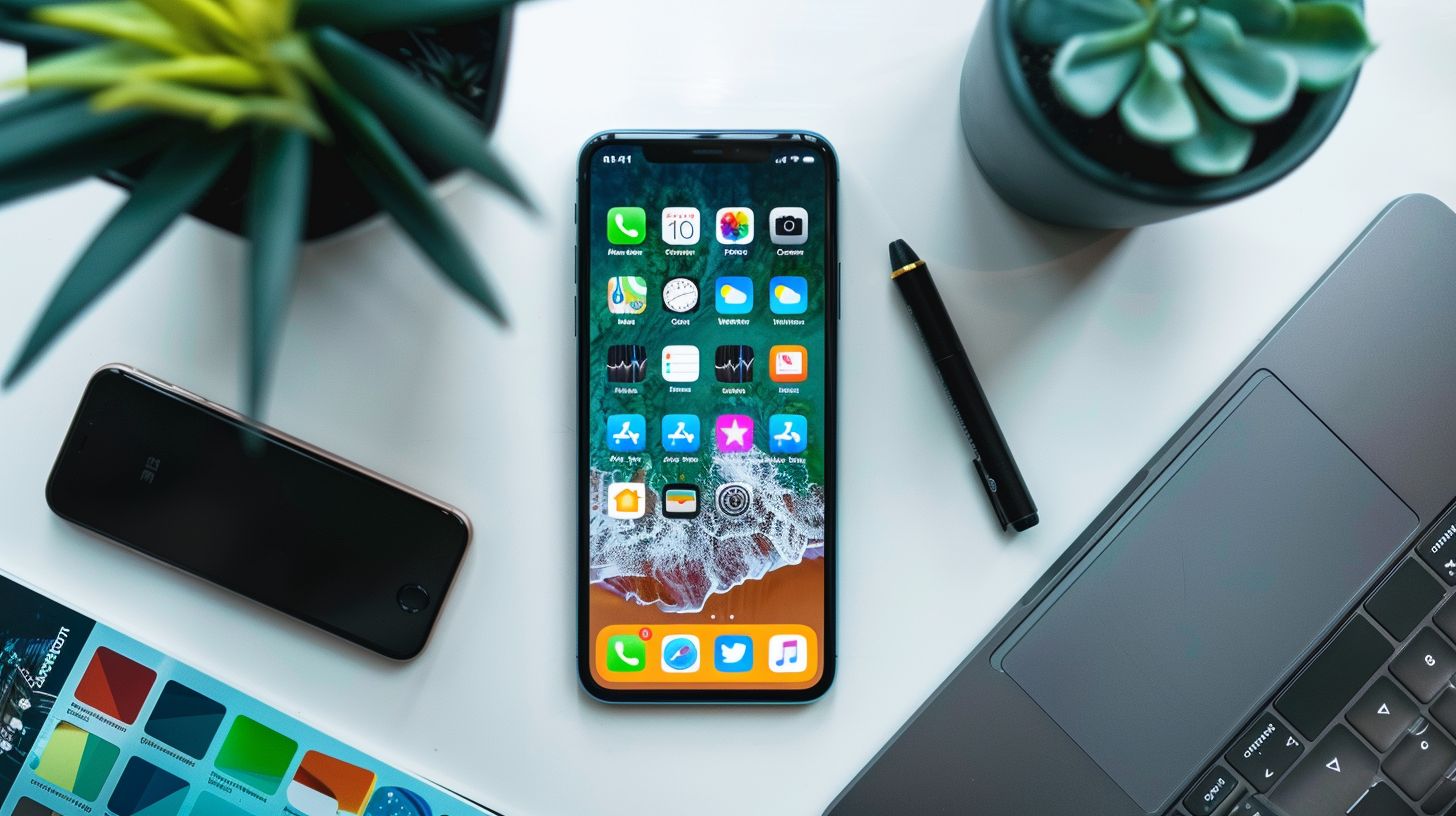 A mobile phone surrounded by app icons on a modern desk. A mobile phone surrounded by app icons on a modern desk.