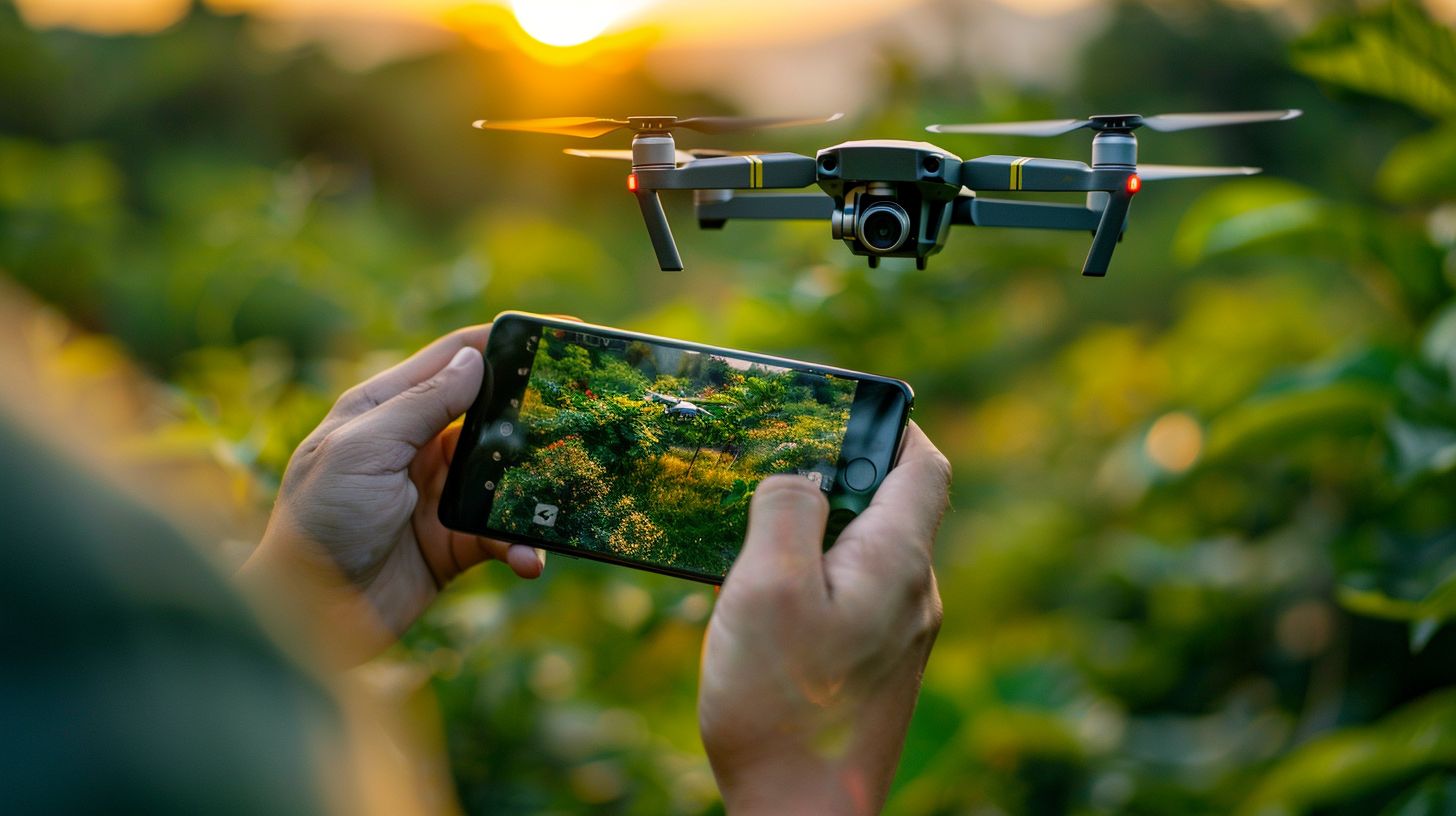 A person using a drone to capture aerial photography with a mobile phone. A person using a drone to capture aerial photography with a mobile phone.