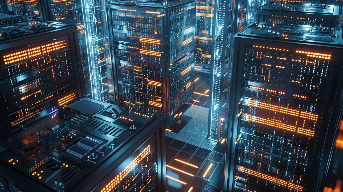 Futuristic server room with interconnected nodes and network architecture.