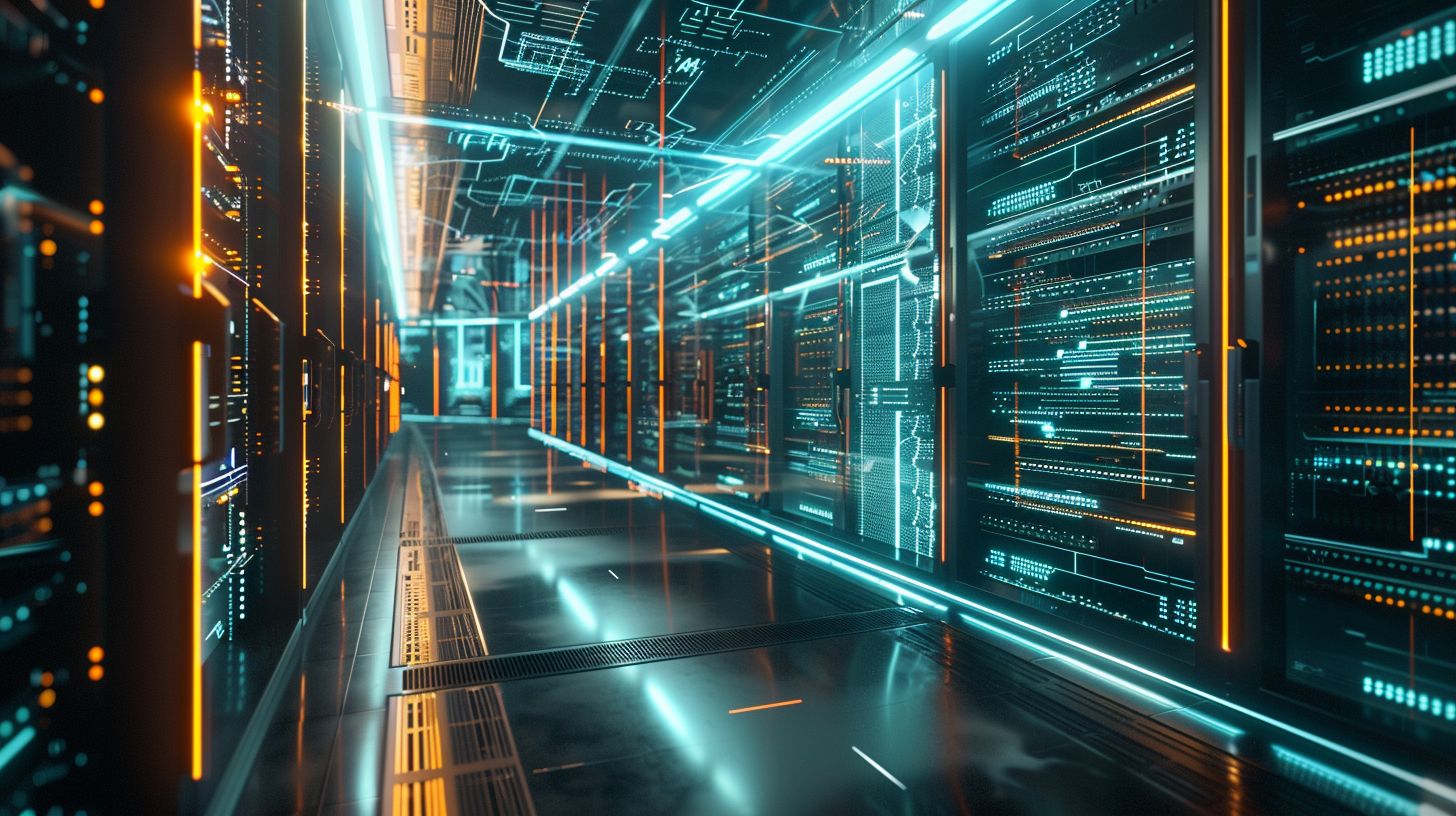 Futuristic server room with interconnected nodes and network architecture.