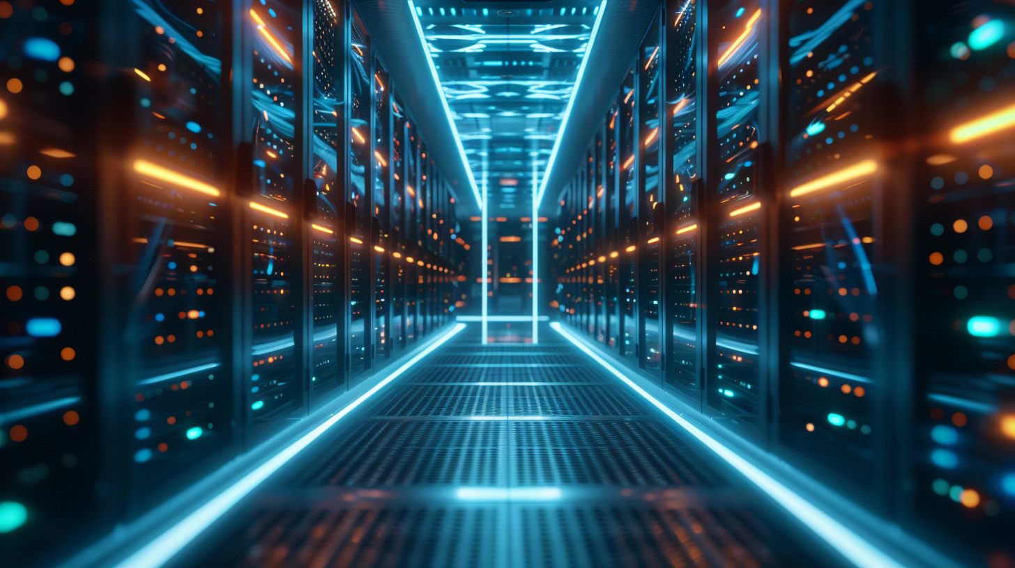 Futuristic server room with interconnected nodes and network architecture.