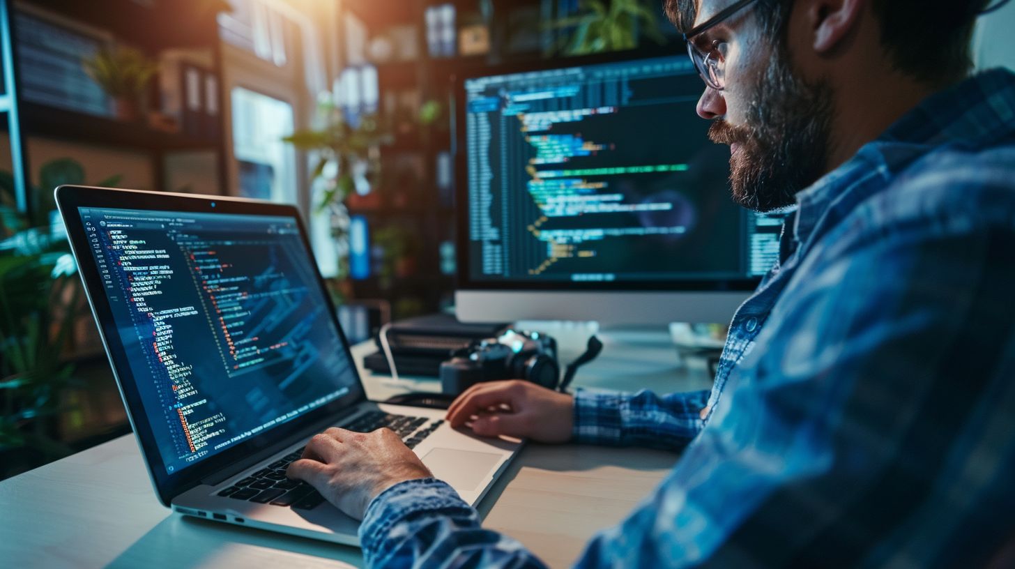 A developer coding in a modern office using a laptop and camera.