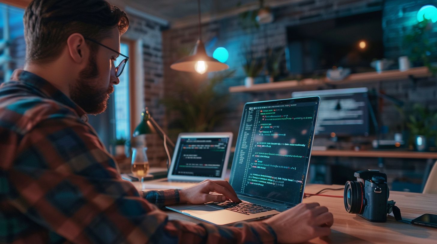 A developer coding in a modern office using a laptop and camera.