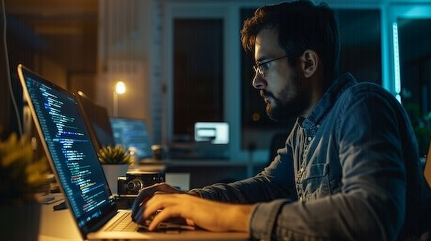 A developer coding in a modern office using a laptop and camera.