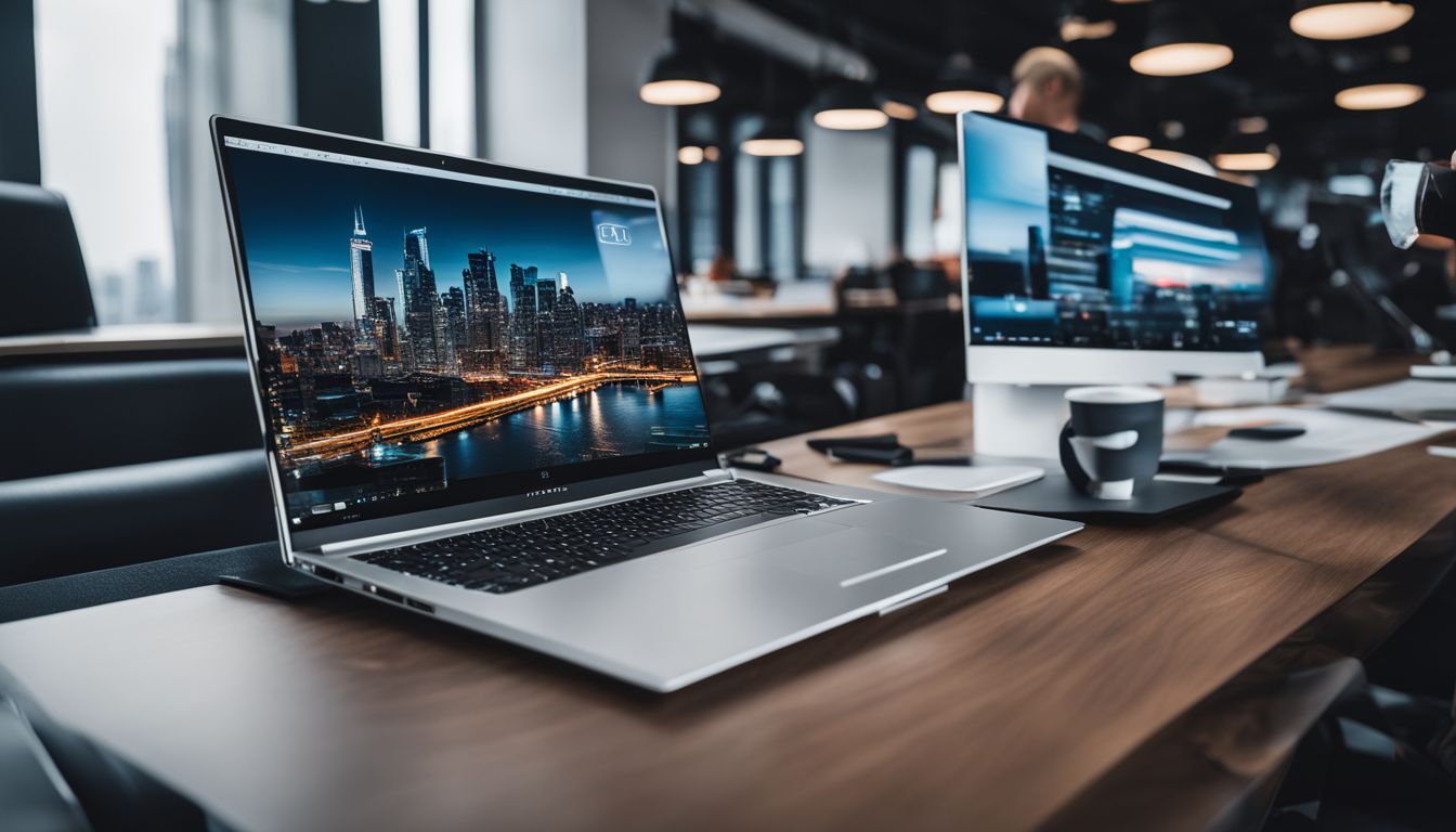 A futuristic laptop on a modern office desk with cityscape background.