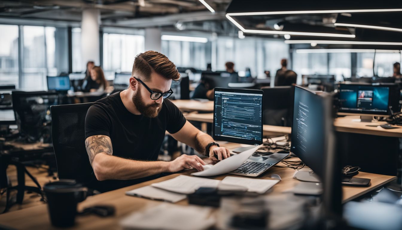 A web developer coding with AngularJS in a modern office environment. A web developer coding with AngularJS in a modern office environment.