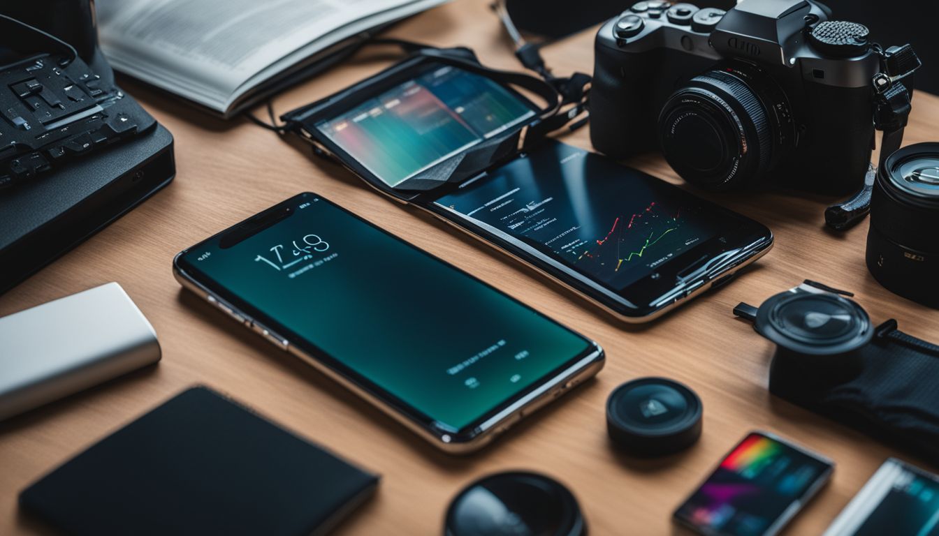 A high-tech smartphone surrounded by coding books and gadgets. A high-tech smartphone surrounded by coding books and gadgets.