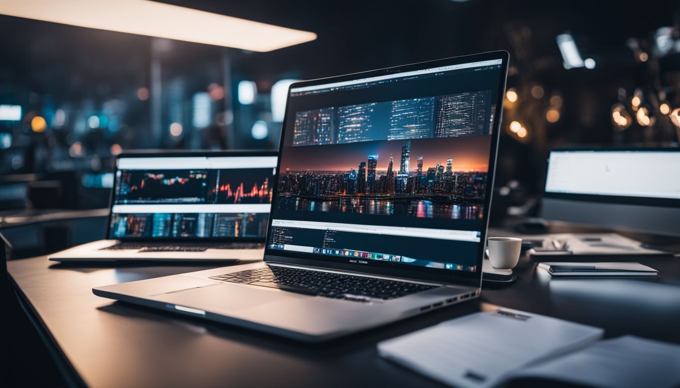 A modern workspace with a laptop displaying AngularJS code and cityscape photography. A modern workspace with a laptop displaying AngularJS code and cityscape photography.