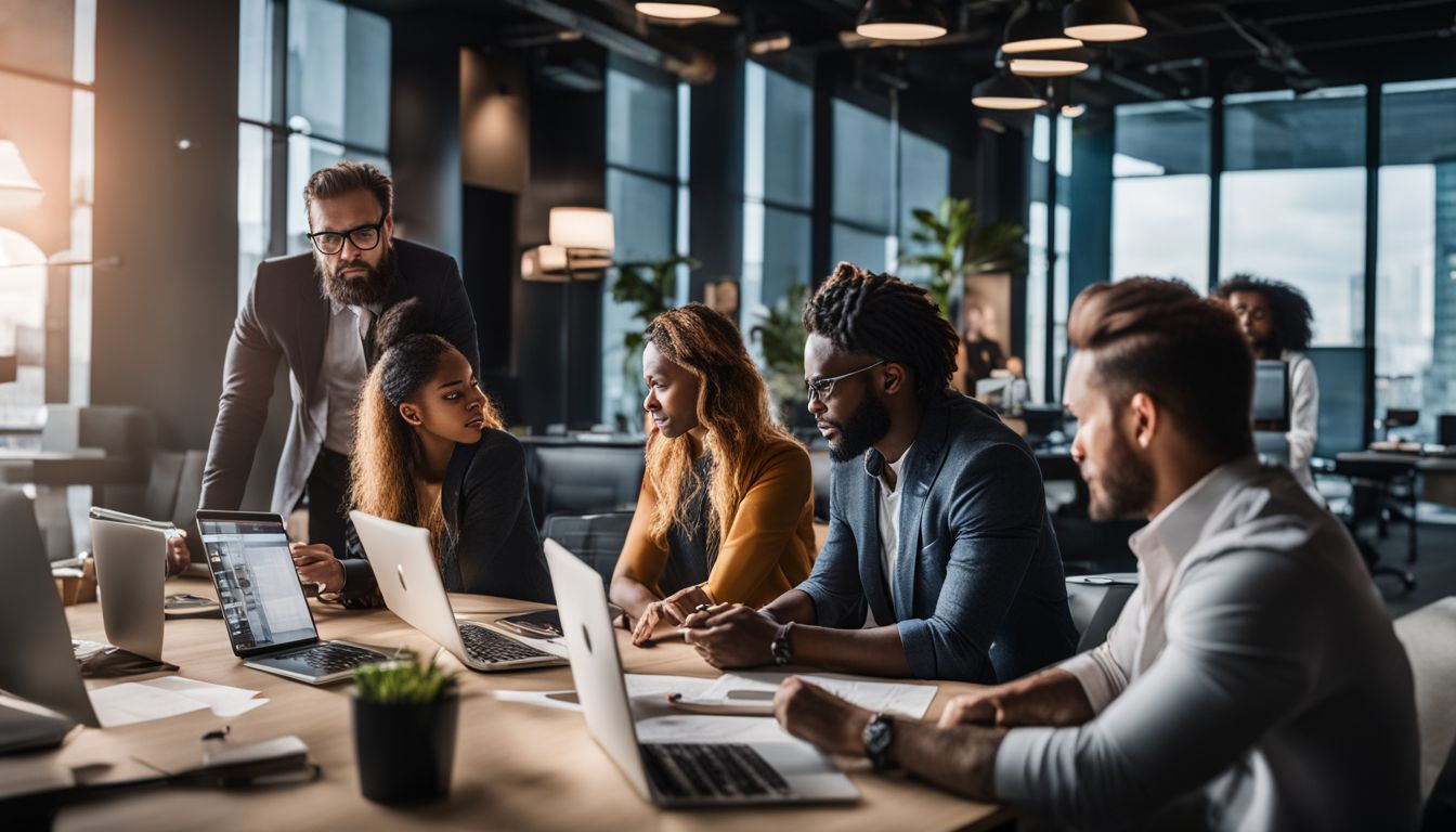 A diverse team of developers brainstorming in a modern office.