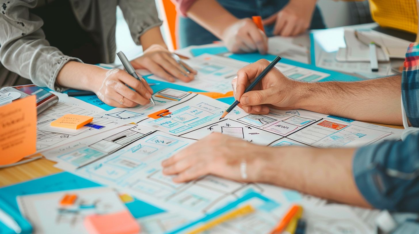 A team of UX designers working collaboratively on wireframes and interfaces. A team of UX designers working collaboratively on wireframes and interfaces.