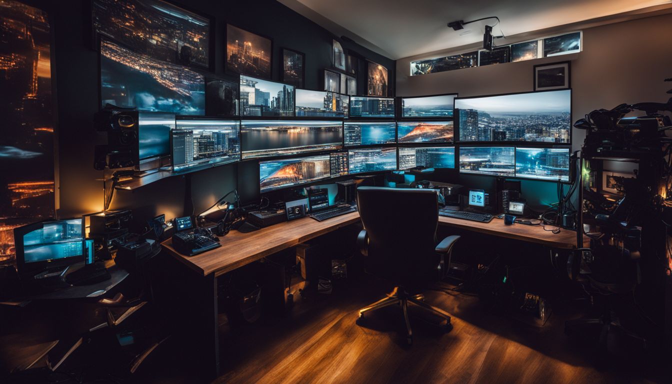 A computer workstation with multiple screens and coding paraphernalia in a bustling atmosphere. A computer workstation with multiple screens and coding paraphernalia in a bustling atmosphere.