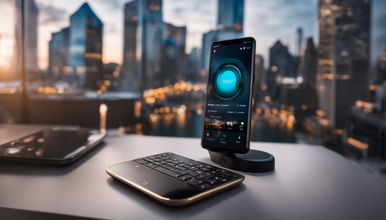 A smartphone with voice command, cityscape photography, and diverse human portraits. A smartphone with voice command, cityscape photography, and diverse human portraits.