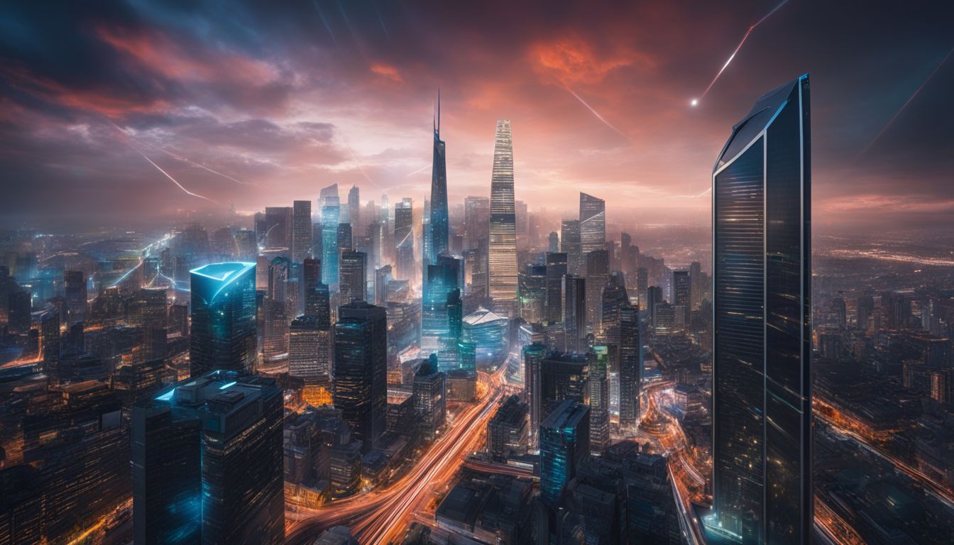 A futuristic city skyline with diverse people and stylish outfits. A futuristic city skyline with diverse people and stylish outfits.