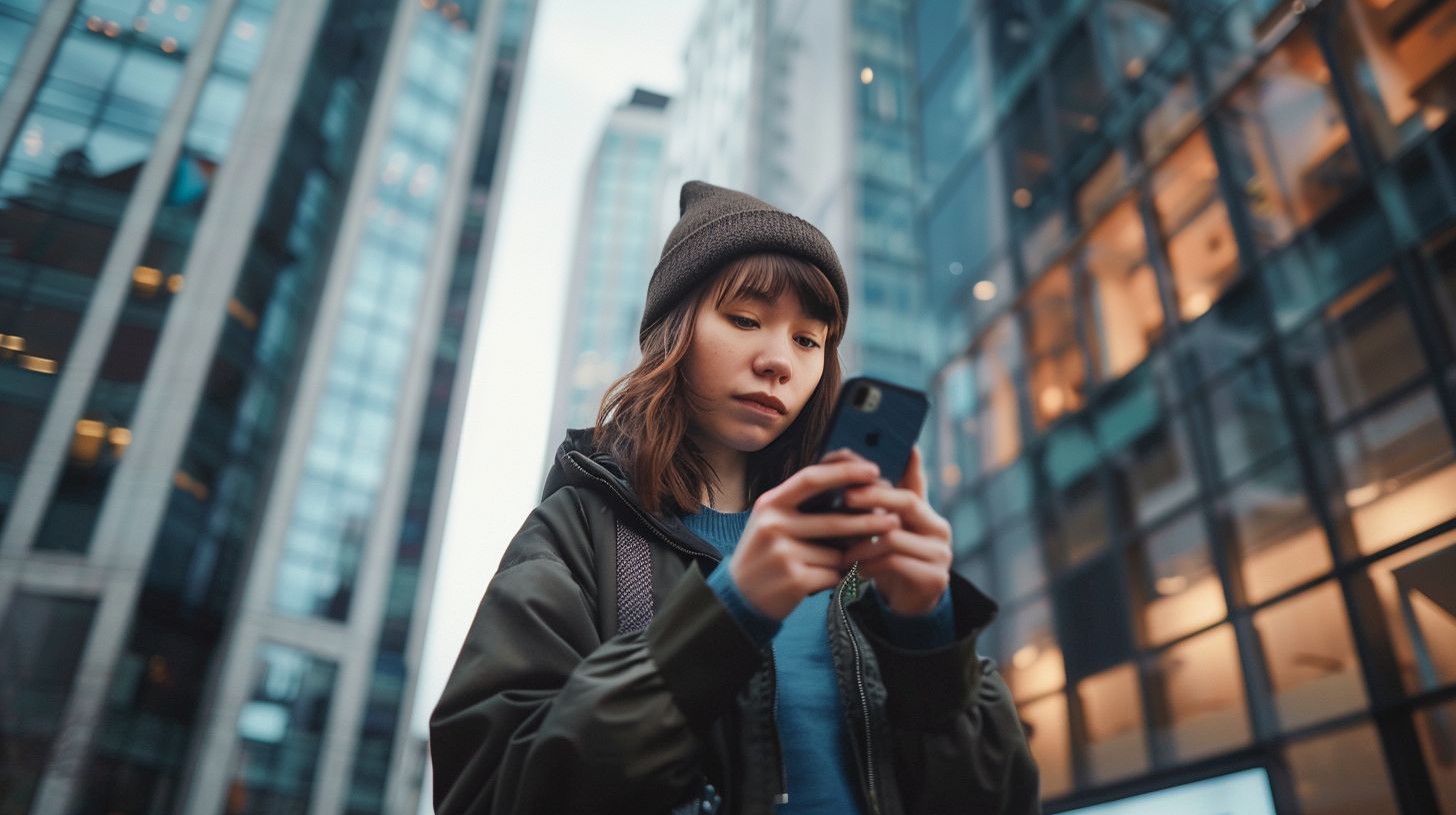 A person using a mobile phone in a modern urban setting. A person using a mobile phone in a modern urban setting.