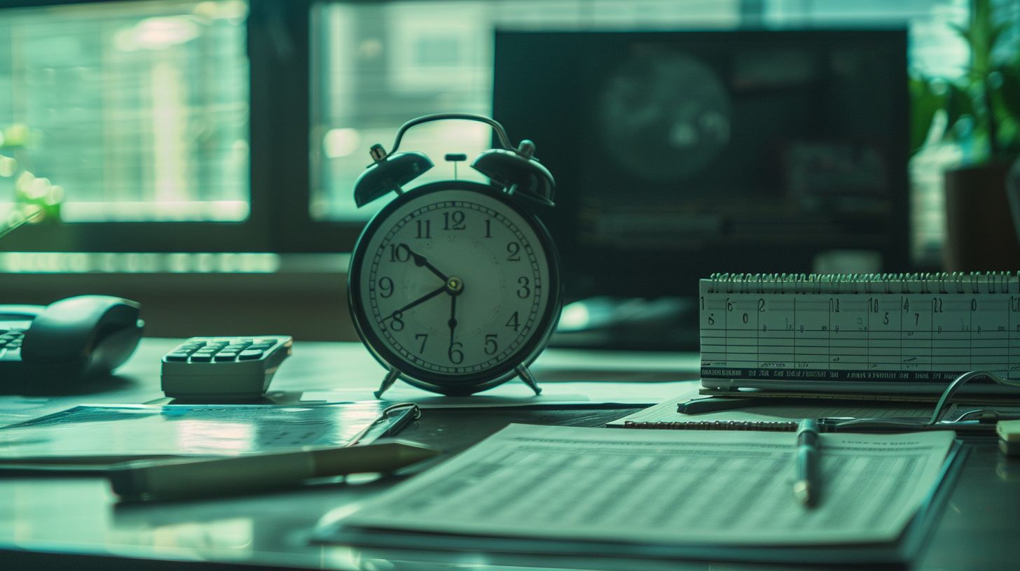A clock and budget planner on a tidy office desk.