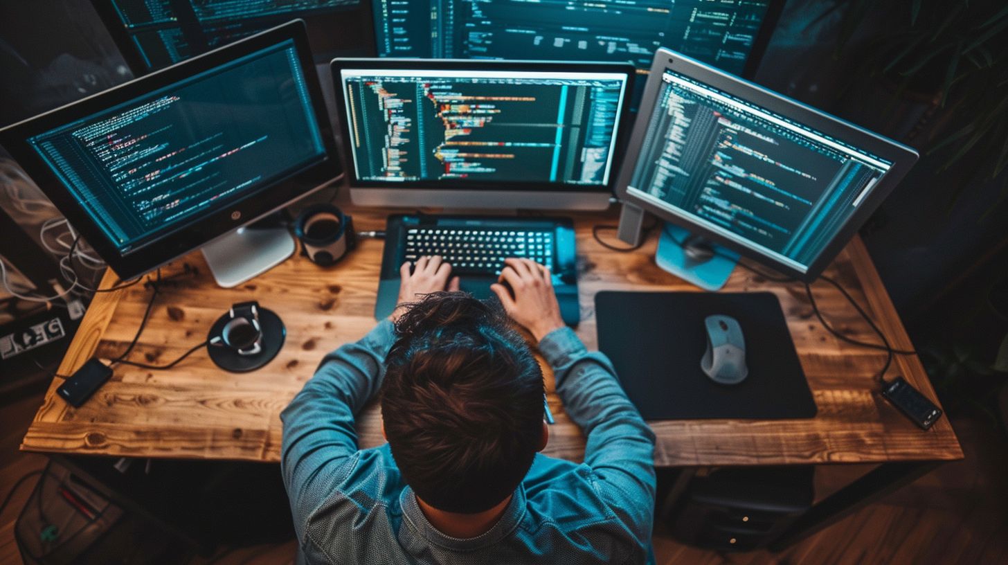 A modern office with a laptop displaying coding screens. A modern office with a laptop displaying coding screens.