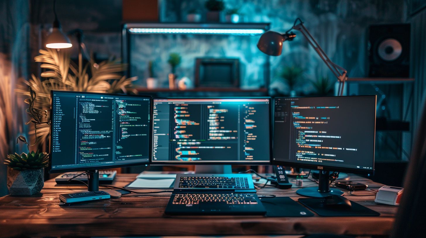 A modern office with a laptop displaying coding screens. A modern office with a laptop displaying coding screens.