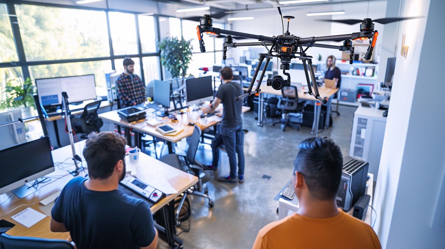A display of web development tools and drone photography in an office.
