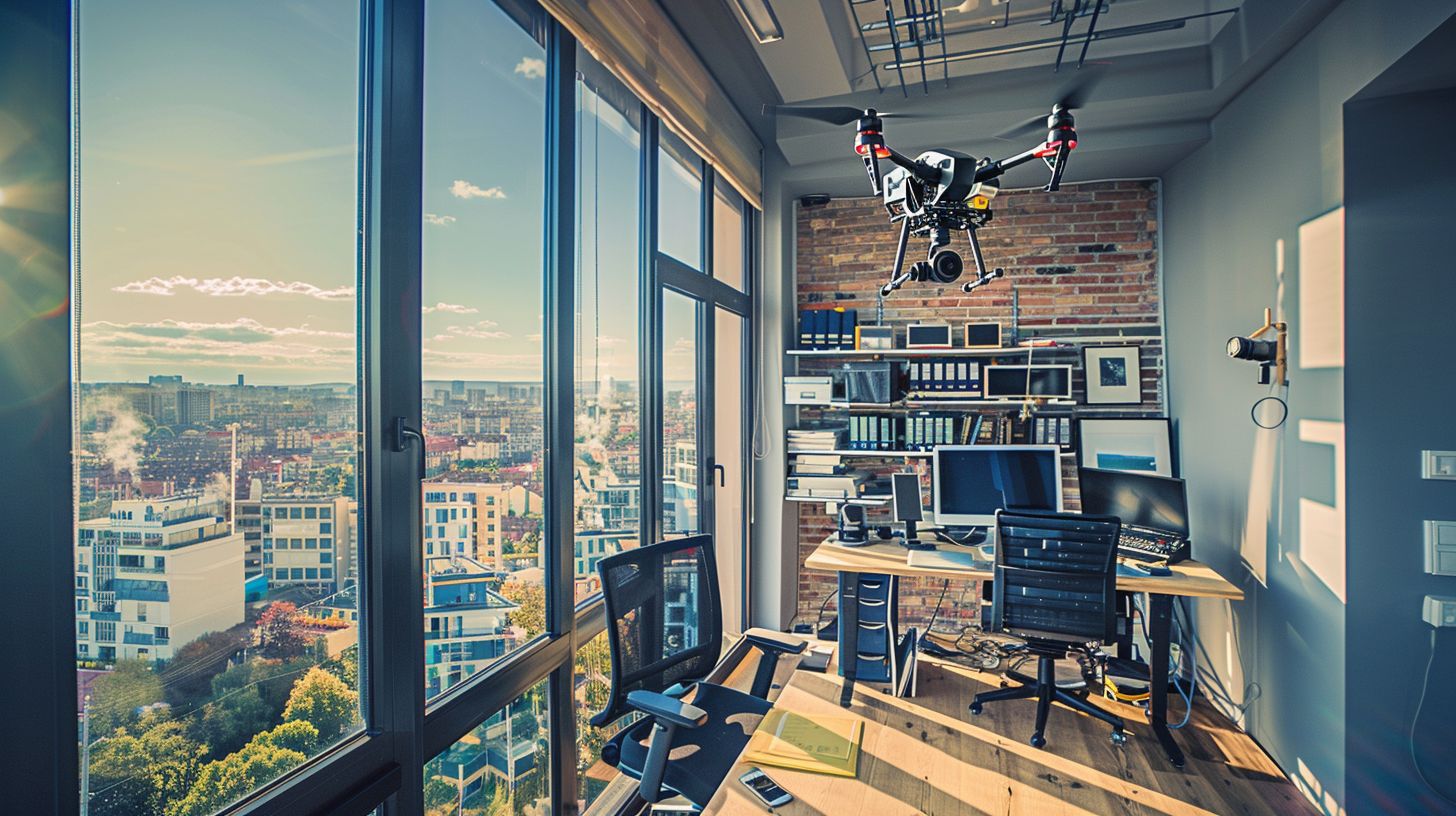 A display of web development tools and drone photography in an office.