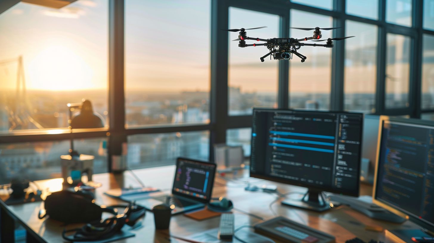A display of web development tools and drone photography in an office.
