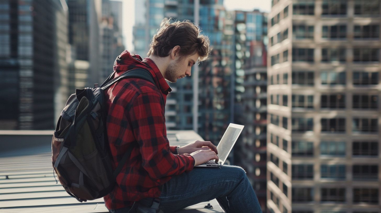 A developer coding on a modern skyscraper rooftop with a camera. A developer coding on a modern skyscraper rooftop with a camera.
