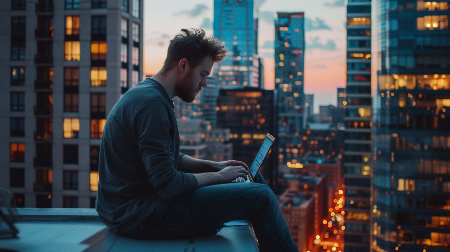 A developer coding on a modern skyscraper rooftop with a camera.