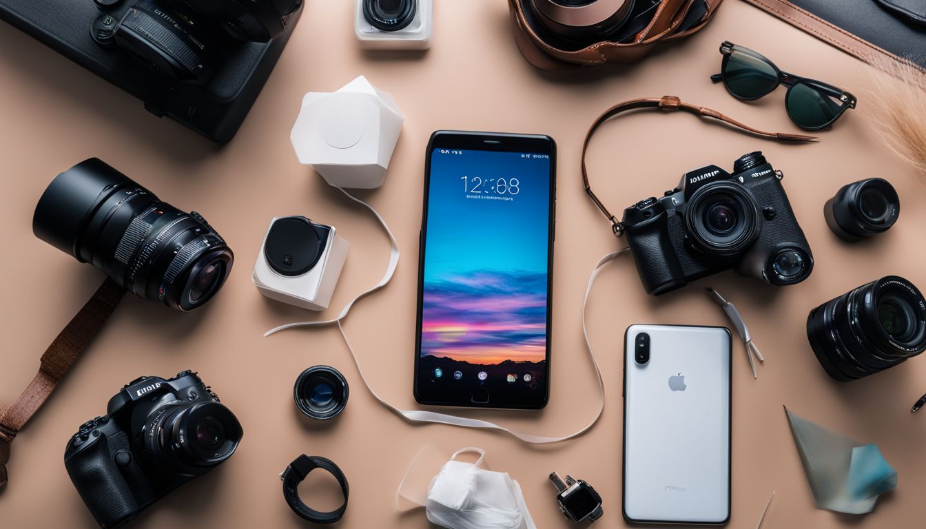 A modern smartphone surrounded by app development frameworks and diverse content. A modern smartphone surrounded by app development frameworks and diverse content.