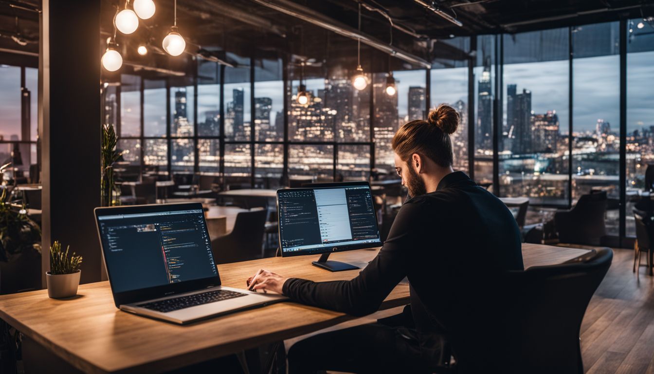 A developer writing code on a laptop in a bustling modern workspace. A developer writing code on a laptop in a bustling modern workspace.