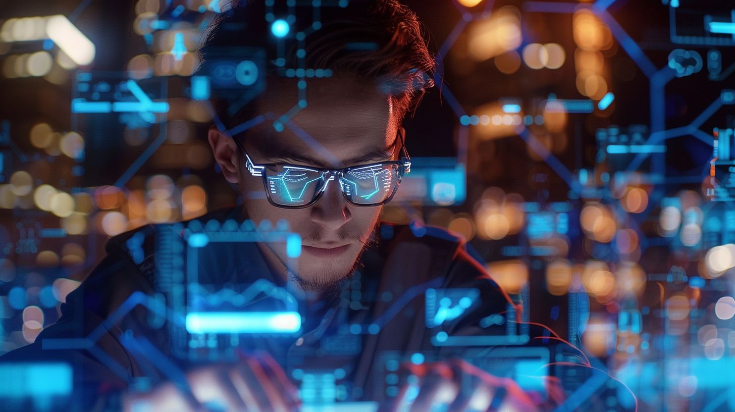 A developer is working on a laptop surrounded by futuristic AI technology.