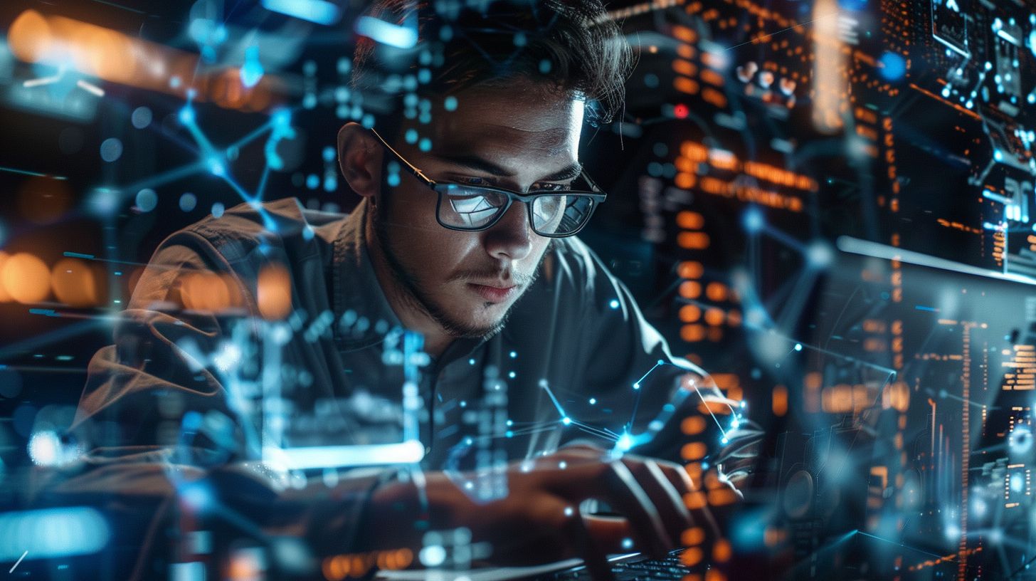 A developer is working on a laptop surrounded by futuristic AI technology.