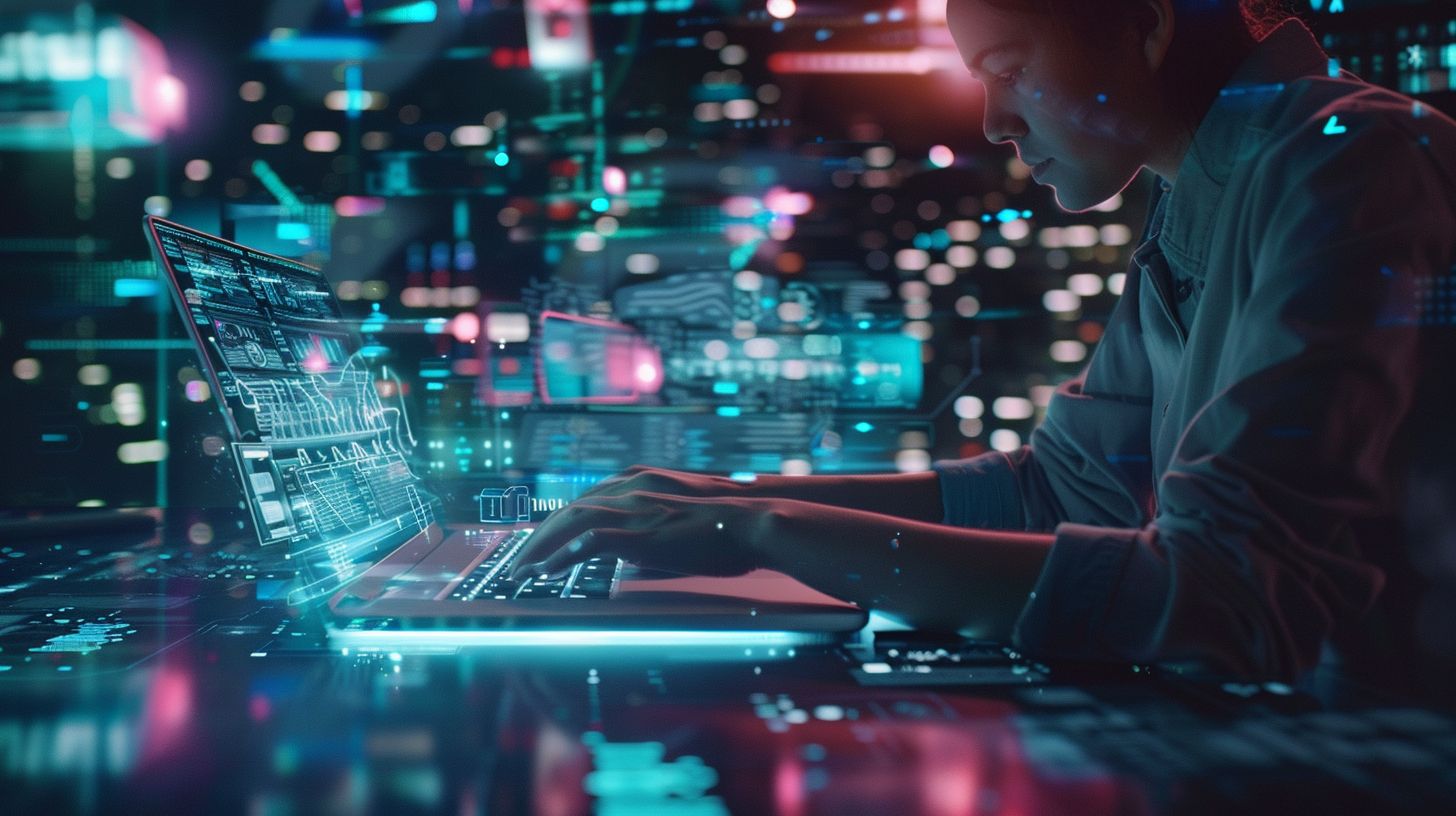 A developer is working on a laptop surrounded by futuristic AI technology.