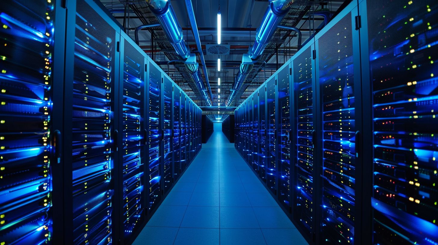 A drone captures neatly organized data servers in a server room. A drone captures neatly organized data servers in a server room.