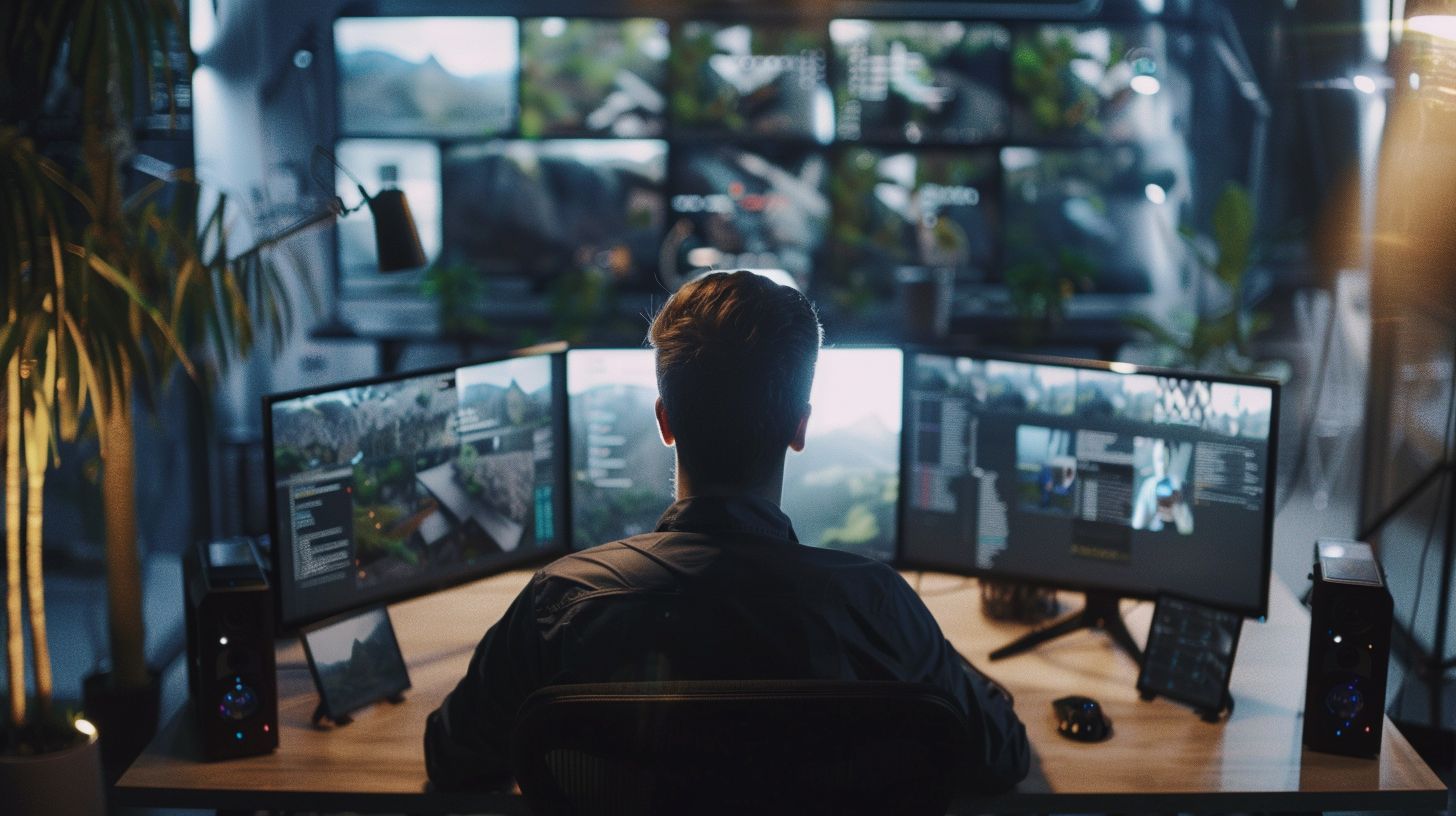 A modern office with a computer, multiple screens, and aerial photography. A modern office with a computer, multiple screens, and aerial photography.