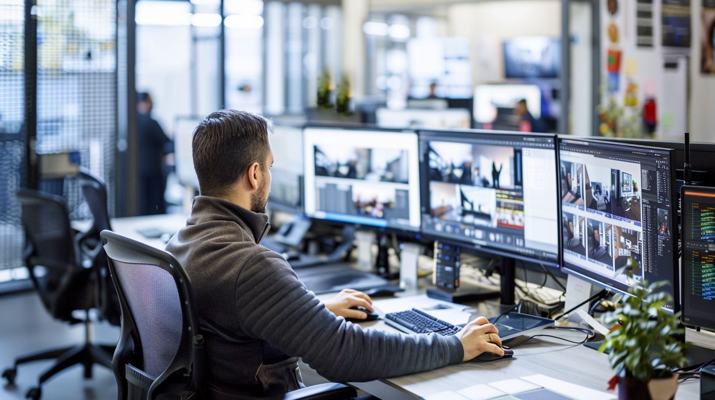 A modern office with a computer, multiple screens, and aerial photography. A modern office with a computer, multiple screens, and aerial photography.