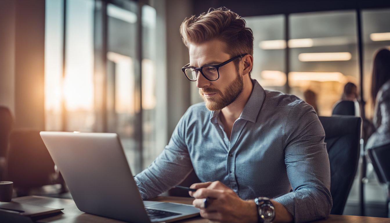 A businessman reviewing web development plans in a modern office setting.