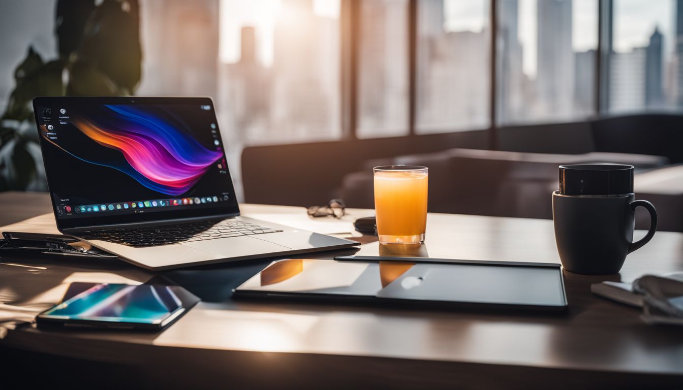 A smartphone and a laptop placed on a modern desk. A smartphone and a laptop placed on a modern desk.
