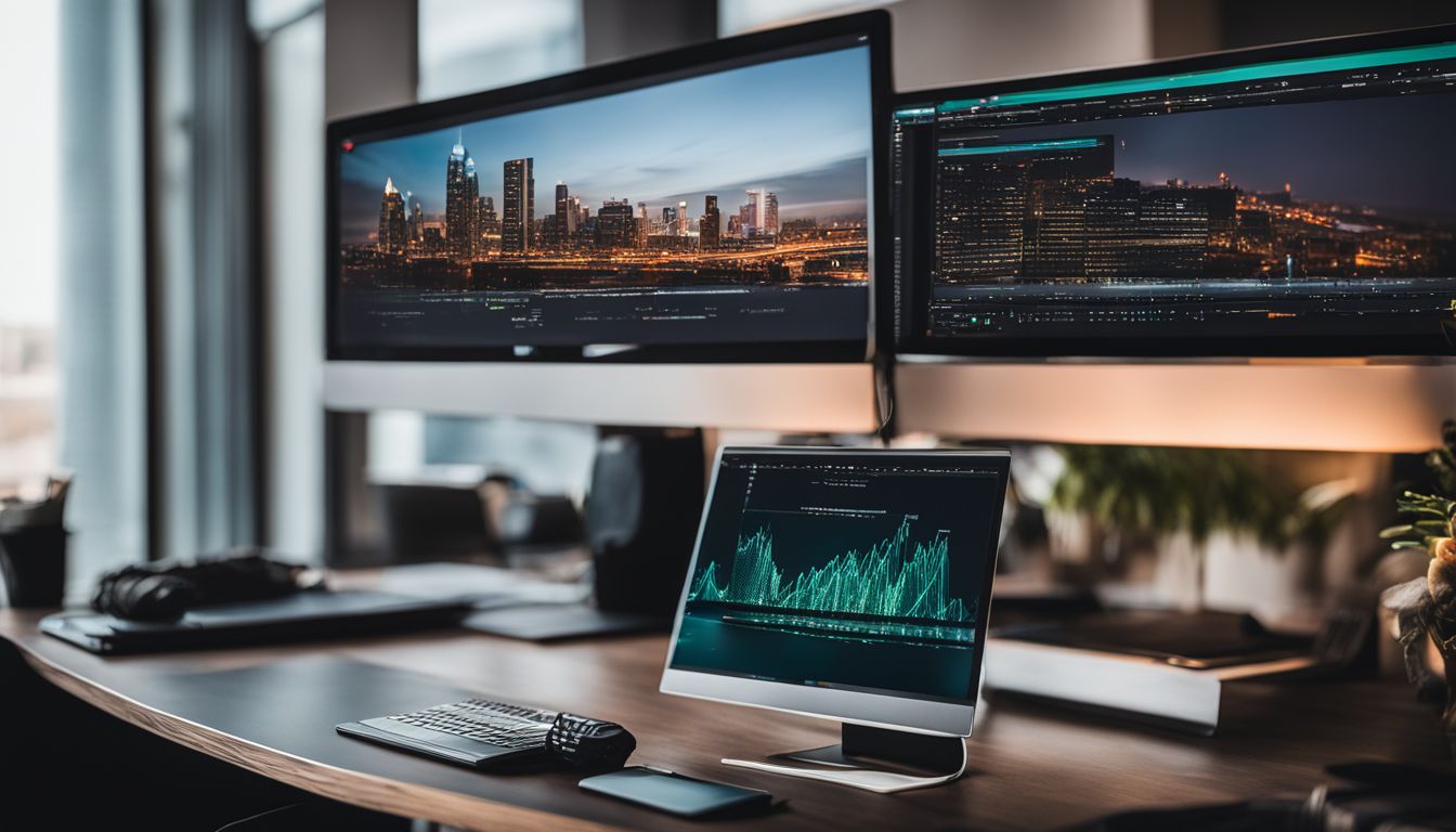 A computer screen displaying Vue js code in a modern office.